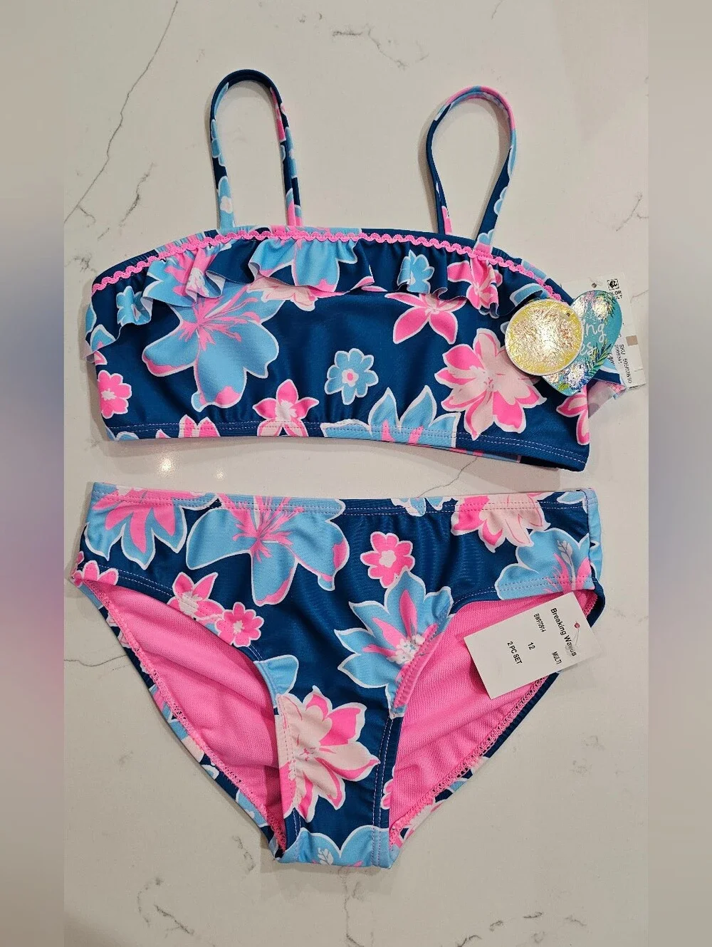 Girls' Navy Tropocal Floral Two-Piece Swim Set Bikini W/Pink Accents Size 12 NWT